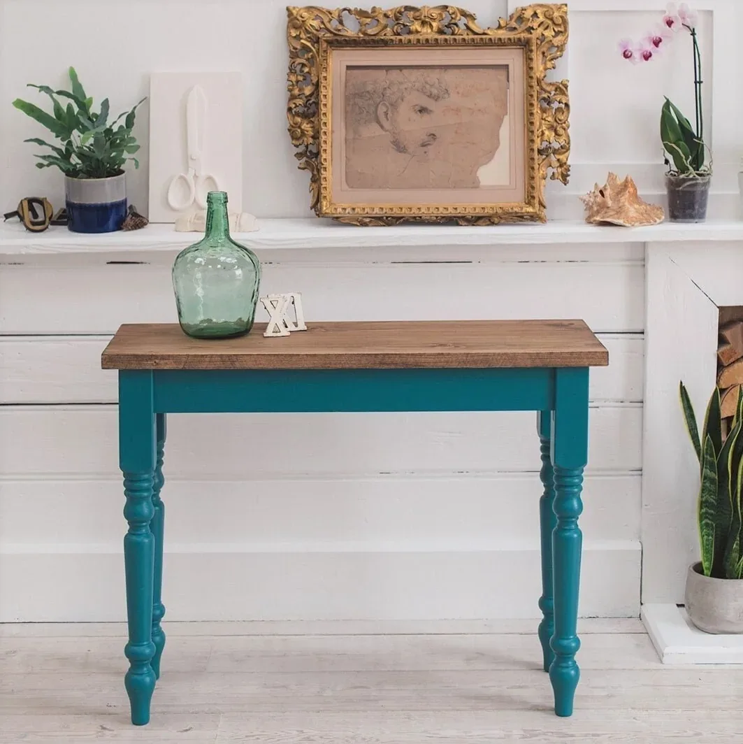 Handmade solid wood console table in a hallway