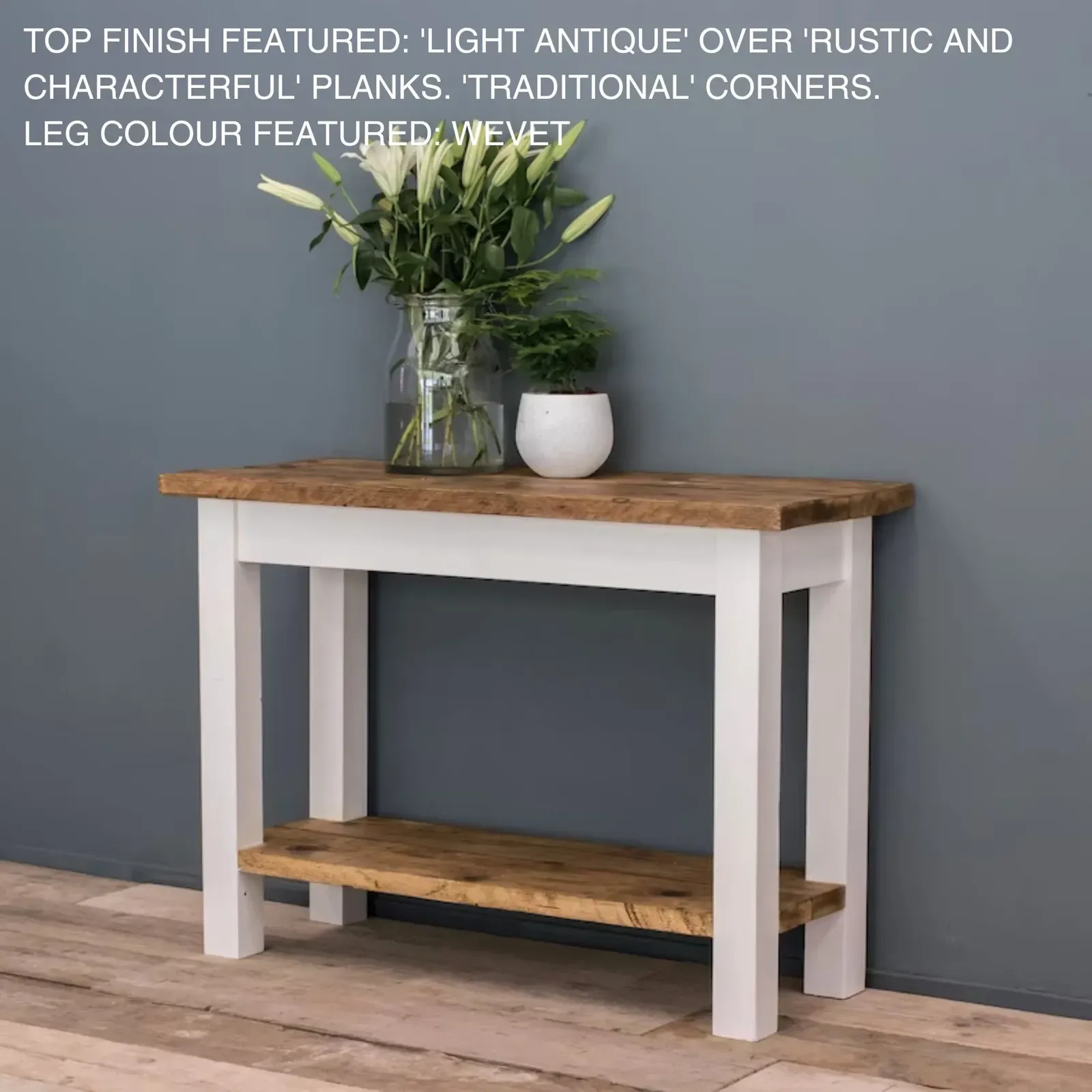 Scullery console table with a shelf
