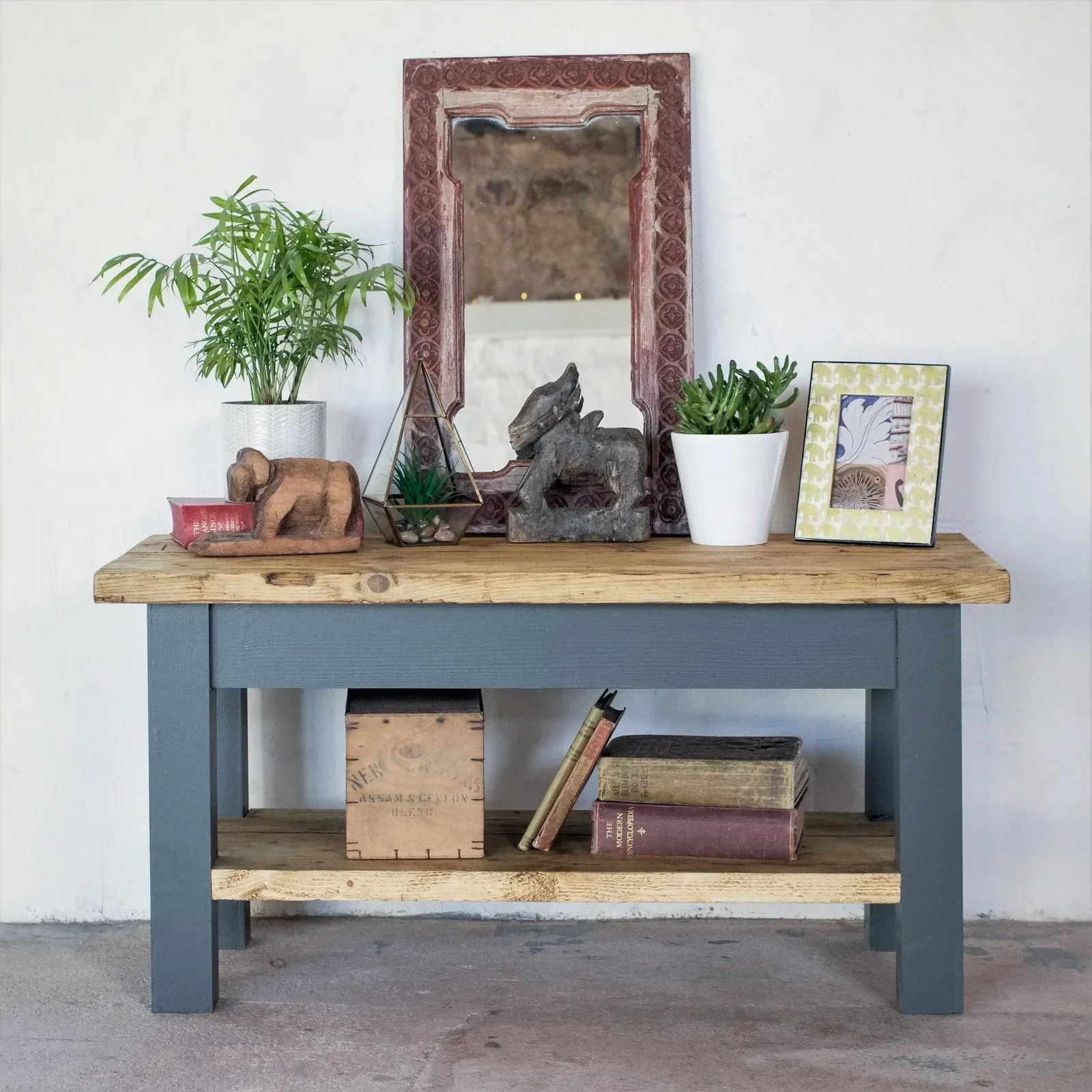 Reclaimed-style TV unit with shelves