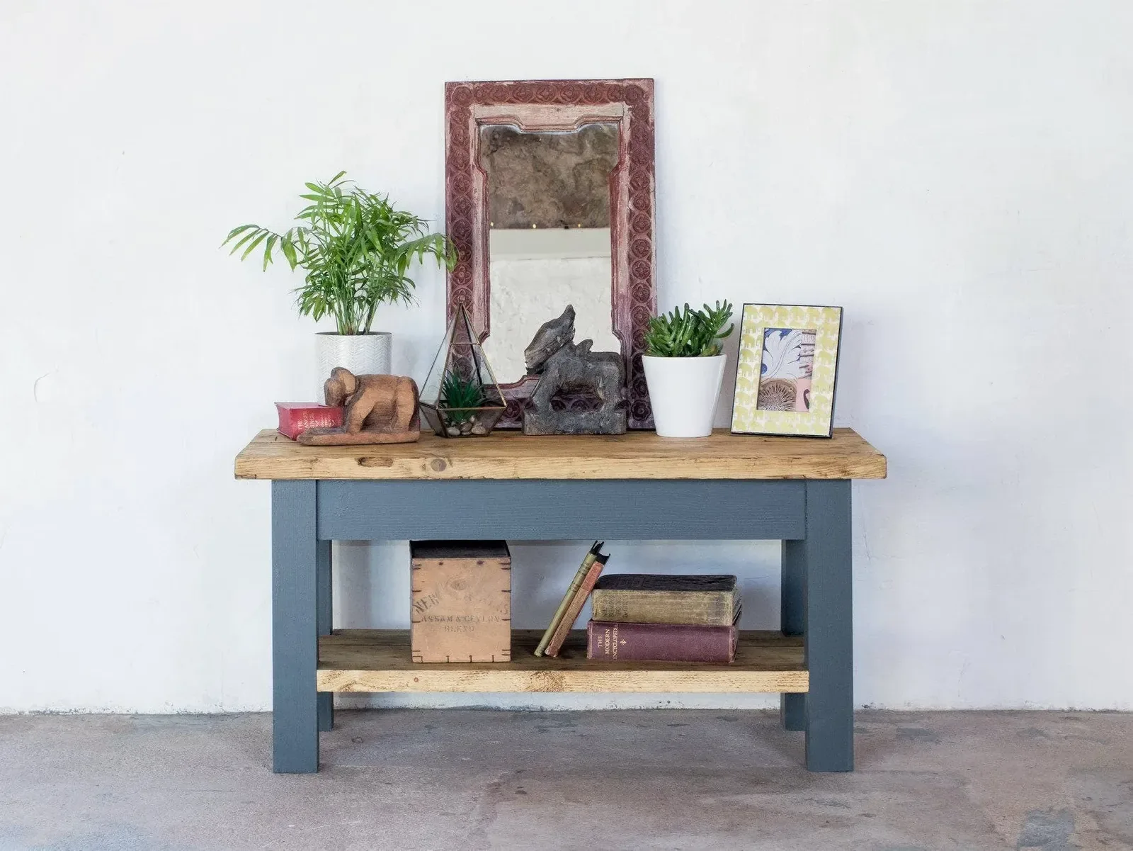 Reclaimed-style TV unit with shelves