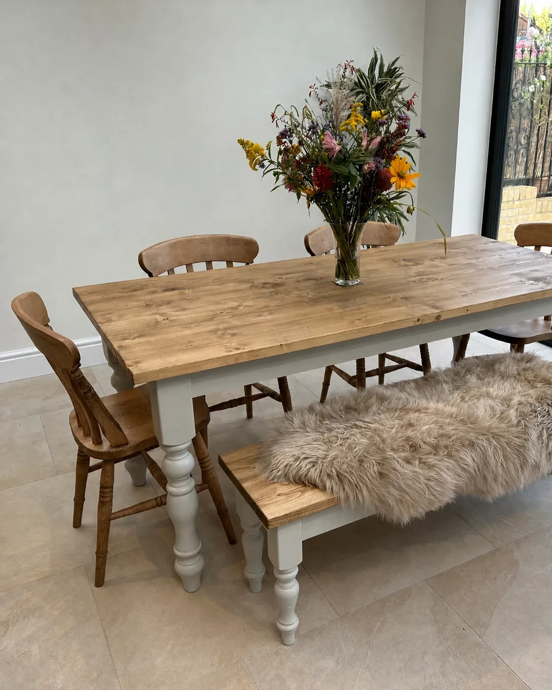 Long handmade farmhouse dining table with benches