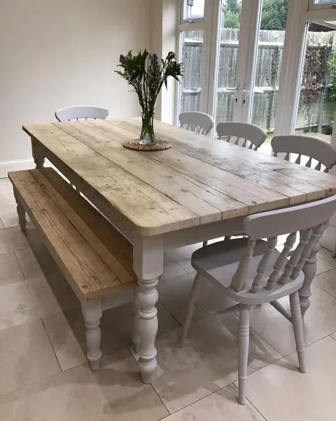 Handmade dining table and bench set in solid wood