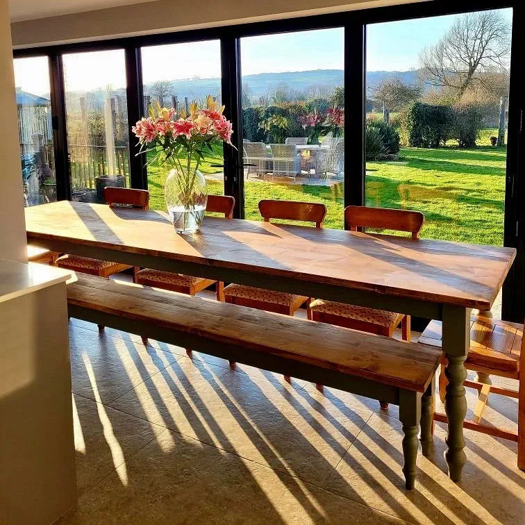 Handmade dining table and bench set in solid wood